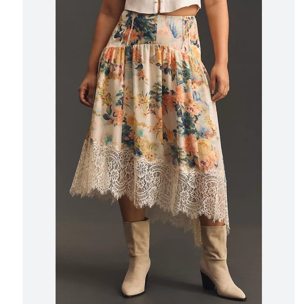 By Anthropologie Watercolor Floral Lace Asymmetrical A-Line Skirt Cottagecore L